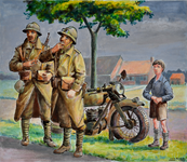 2485 (Een jongen en twee Franse militairen kijken naar een vliegtuig)