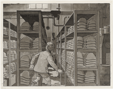 2510 [Cees van der Burght in een magazijn met helmen van het Nederlandse leger in de oude blikfabriek aan de Koningsweg]