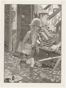 2511 [Cees van der Burght op weg naar school met helm en schooltas, lopend langs een vernielde woning]