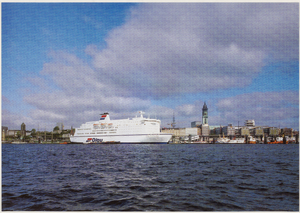 364 Het veerschip Olau Hollandia afgemeerd aan de Überseebrücke te Hamburg ter gelegenheid van de officiële overdracht ...