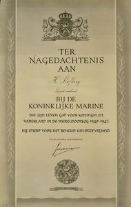 4211 Ter nagedachtenis aan H. Stofberg Sergeant-machinist bij de Koninklijke Marine die zijn leven gaf voor koningin en ...