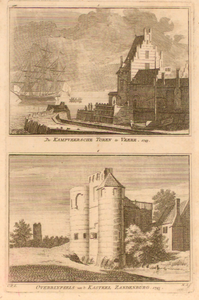 455 1. De Kampveersche toren te Veere. 1743. 2. Overblijfsels van't kasteel Zandenburg. 1743
