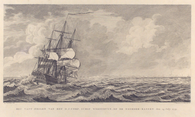 504 Het vast-zeilen van het O.J.Comp. schip Woestduyn, op de noorder-rassen den 24 july 1779