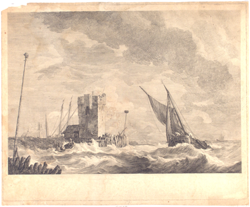 570 [Afbeelding van het voormalige wachthuis 'De Nolle' met op de voorgrond schepen in een onstuimige zee]