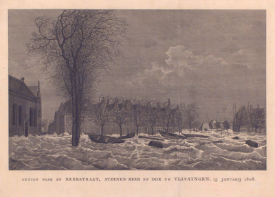 857 Gezigt naar de kerkstraat, steenen beer en Dok te Vlissingen, 15 januarij 1808