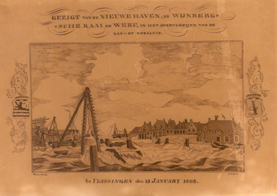 947 Gezigt van de Nieuwe Haven, de Wijnbergsche kaai en werf, in het overvloeyen van de sas- of zeesluis te Vlissingen ...