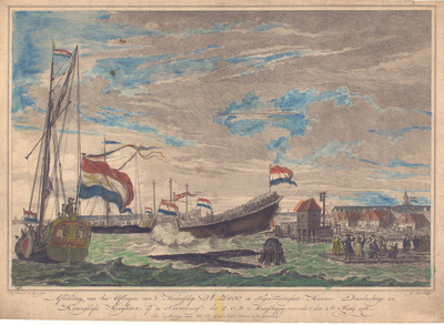 955 afbeelding van het afloopen van 't hoekerschip De Zon, in tegenwoordigheid Hunner Doorluchtige en Koninklijke ...