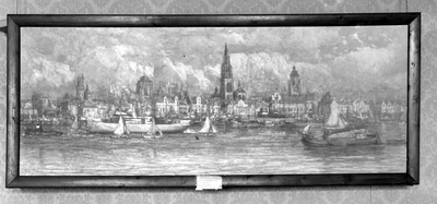 16244 Zicht vanaf een rivier op een grote fantasie-stad met Zeeuwse en Vlaamse trekken (schilderij) (reproductie)