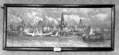 16245 Zicht vanaf een rivier op een grote fantasie-stad met Zeeuwse en Vlaamse trekken (schilderij) (reproductie)