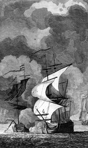 16258 'De kaaper de Vlissinger Capt. Jarry door een Engelsch Koningschip genoomen' (reproductie)