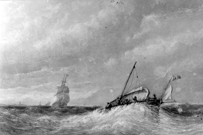 16266 Twee schepen (loodssloep) op woeste zee. Schilderij van J.F. Schütz