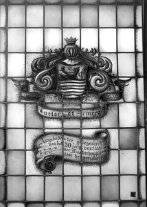 16277 Glas-in-lood raam Luctor et Emergo , Aangeboden ter gelegenheid van het 50 jarig bestaan der Maatschappij door ...