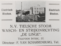 M 8193 De Linge NV. Tielsche Stoom Wasch- en strijkinrichting aan de Voor de Kijkuit in Tiel (advertentietekst)