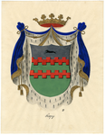 82 Een tekening van het wapen van Acquoy, dat als volgt wordt omschreven: In zilver twee beurtelings gekanteelde ...