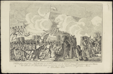 107 Historieprent; op de voorgrond Franse kanonniers en soldaten in aktie. Op de achtergrond: nederlandse soldaten in ...