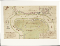 236 Kaart met bovenaan de stadsrand en de citadel en er tegenover het Vlaamse Hoofd met geïnnundeerde land. Op de ...