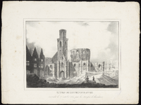 311 Historieprent met een gezicht op de ruines van de gebouwen van het entrepot van Antwerpen. Op de voorgrond enkele ...