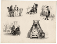 3503-Br-3225 Blad met vijf spotprenten over de werkzaamheden van de deelnemers aan de synode: drie uren (eten), vijf ...