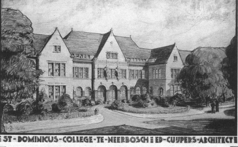 130679 Dominicuscollege Nijmegen: impressietekening vooraanzicht nieuwbouw in Neerbosch bij Nijmegen door Ed. Cuijpers ...