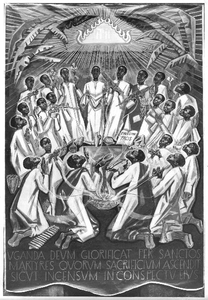 140705 Vaandel met uitbeelding van de 22 vermoorde katholieke martelaren in Oeganda, gebruikt bij hun heiligverklaring ...