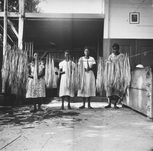 186596 Losmaken van de vezels in de vlechtschool te Paramaribo (Suriname)