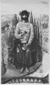 186697 Werk van pater Gerard Mathot, Jezus met doornenkroon, kelk en hostie zittend op een kerkgebouw