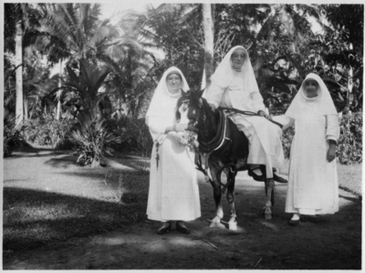 252294 De zusters Hildegardis en Prudentia naast en zuster Eligia op het trekpaard van een sado, Indonesië
