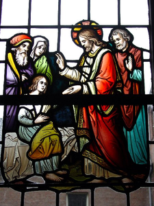 VW-P017-Ag0067f Glas-in-loodfragment, Jezus en het dochtertje van Jairus