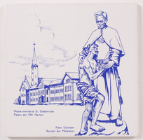 VW-P036-070 Tegeltje met pater Damiaan (1840-1889) en het missie-seminarie in St. Oedenrode