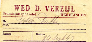 HK_VERZIJL_001 Hekelingen, Verzijl - Wed. D. Verzijl, Brandstoffenhandel, (1947)