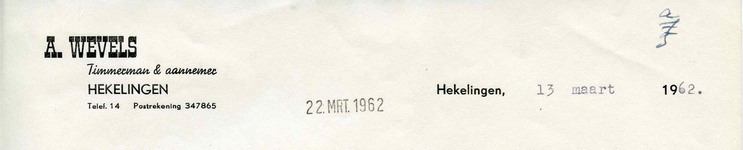 HK_WEVELS_003 Hekelingen, Wevels - A. Wevels, Timmerman en Aannemer, (1962)