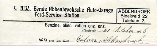 AB_BIJL_001 Abbenbroek, Bijl, L. - Eerste Abbenbroeksche Auto-Garage Ford-service station, (1926)