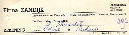 AB_ZANDIJK_001 Abbenbroek, Firma Zandijk - Korenmolenaar en Veevoeder / Graan- en Zaadhandel / Graan- en Zaadschonerij, ...