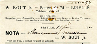 BR_BOUT_002 Brielle, W. Bout Jr. - W. Bout Jr., handel in: drogerijen, chemicaliën, toilet-artikelen, droge en bereide ...