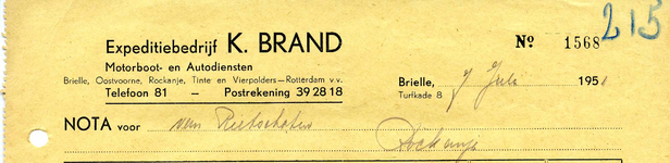 BR_BRAND_002 Brielle, K. Brand - K. Brand, Expeditiebedrijf, Motorboot- en Autodiensten, (1951)