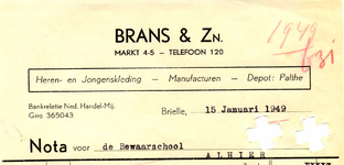 BR_BRANS_001 Brielle, Brans & Zn. - Brans & Zn. Heren- en Jongenskleding, manufacturen, depot: Palthe, (1949)