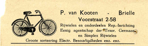BR_KOOTEN_002 Brielle, P. van Kooten - Rijwielen en onderdeelen rep.-inrichting, eenig agentschap der Tesor, Germaan en ...