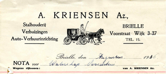 BR_KRIENSEN_008 Brielle, A. Kriensen Az. - Stalhouderij, verhuizingen, auto-verhuurinrichting A. Kriensen Az., (1926)