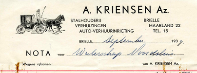 BR_KRIENSEN_009 Brielle, A. Kriensen Az. - Stalhouderij, verhuizingen, auto-verhuurinrichting A. Kriensen Az., (1939)