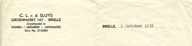 BR_SLUYS_001 Brielle, Sluys - C.L. v.d. Sluys, Groothandel in wijnen, likeuren, limonades, (1936)
