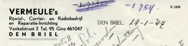 BR_VERMEULE_001 Brielle, Vermeule - Vermeule's Rijwiel-, Carrier- en Radiobedrijf en Reparatie-Inrichting, (1947)