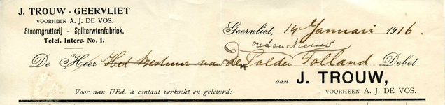 GE_TROUW_001 Geervliet, Trouw - J. Trouw Geervliet (voorheen A.J. de Vos) Stoomgrutterij - Spliterwtenfabriek, (1916)
