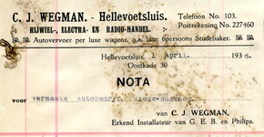 HE_WEGMAN_001 Hellevoetsluis, Wegman - C.J. Wegman. Rijwiel-, electra- en radiohandel. Autovervoer per luxe wagens, ...