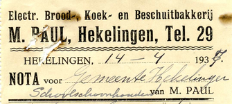 HK_PAUL_001 Hekelingen, Paul - Electr. Brood-, Koek- en Beschuitbakkerij M. Paul, (1937)