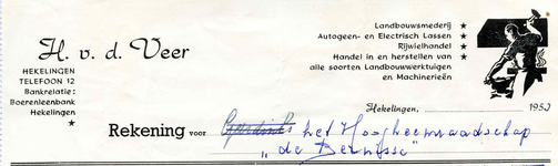 HK_VEER_001 Hekelingen, Veer - H. v.d. Veer. Landbouwsmederij, Autogeen- en Electrisch lassen, rijwielhandel, Handel in ...