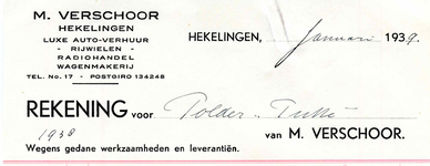 HK_VERSCHOOR_002 Hekelingen, Verschoor - M. Verschoor. Luxe auto-verhuur. Rijwielen, Radiohandel, Wagenmakerij, (1939)