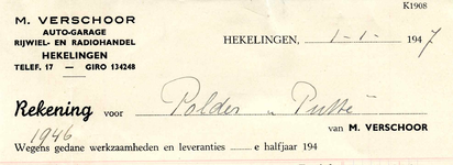 HK_VERSCHOOR_003 Hekelingen, Verschoor - M. Verschoor. Auto-Garage. Rijwiel- en radiohandel, (1947)