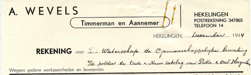 HK_WEVELS_001 Hekelingen, Wevels - A. Wevels, Timmerman en Aannemer, (1944)