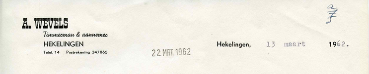HK_WEVELS_003 Hekelingen, Wevels - A. Wevels, Timmerman en Aannemer, (1962)