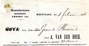 HV_HOEK_001 Heenvliet, Van der Hoek - A. van der Hoek, manufacturen, bedden, petten enz., (1878)